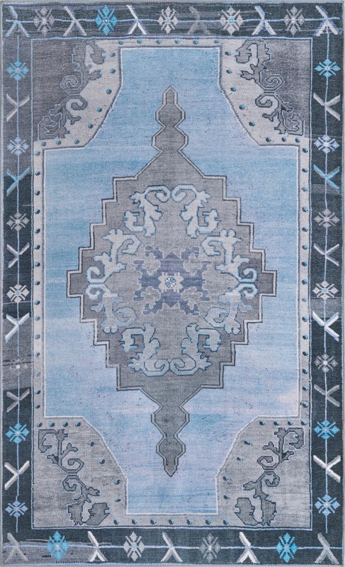 Sanderson · Medallion Washable Rug, blue and gray