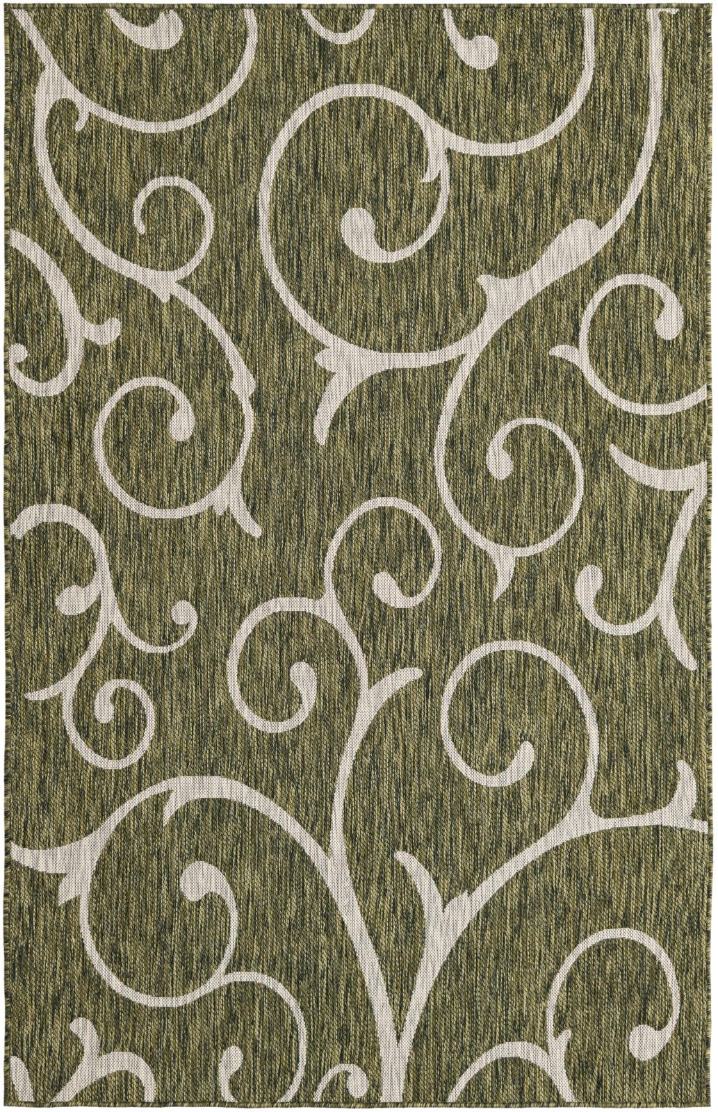 5' 3 x 8' Shale · Scroll Outdoor Rug, green and ivory