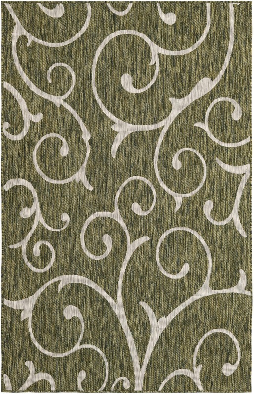 5' 3 x 8' Shale · Scroll Outdoor Rug, green and ivory