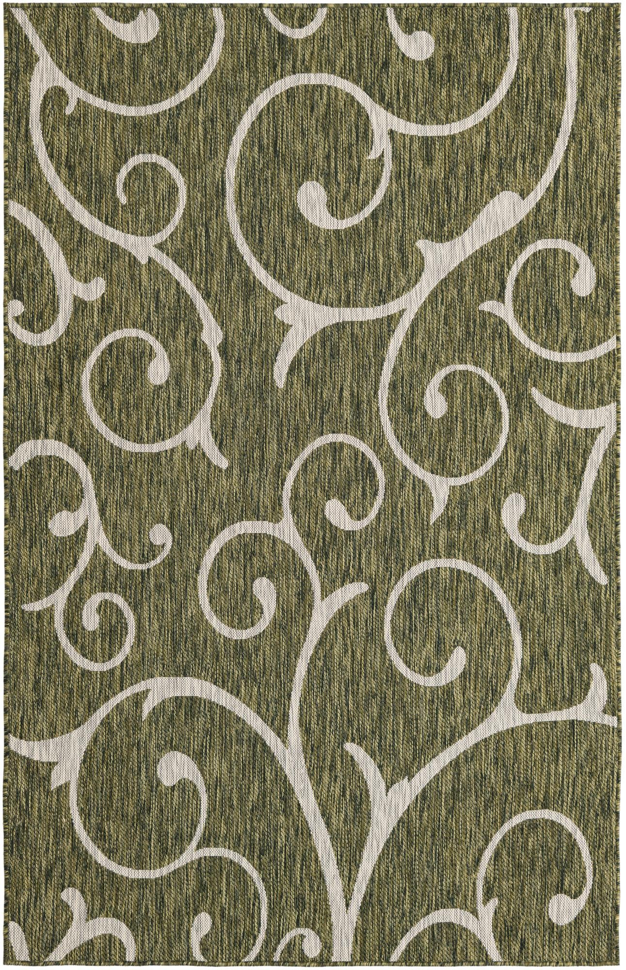 5' 3 x 8' Shale · Scroll Outdoor Rug, green and ivory