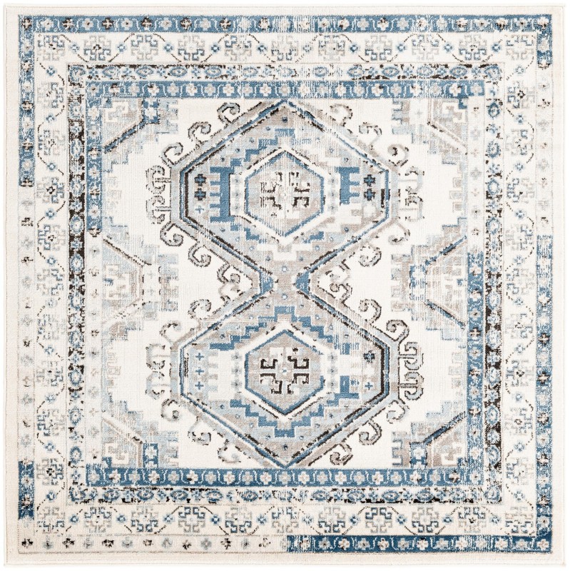 Harmon · Geometric medallion rug, aqua and ivory