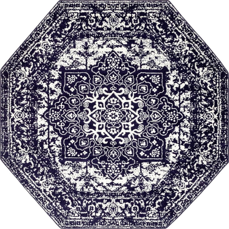 7' 10 x 7' 10 Birch · Distressed medallion rug, navy and ivory