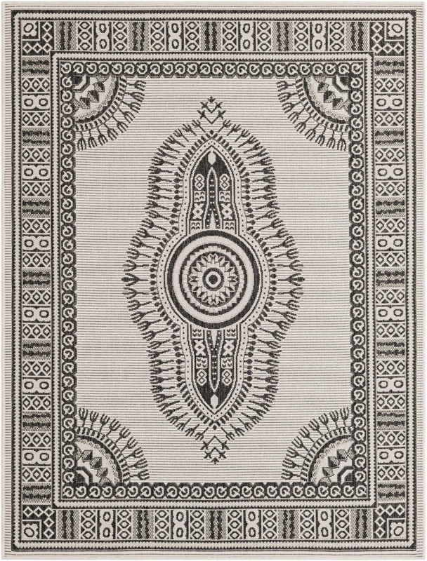 5' 3 x 7' Bainbridge · Border Outdoor Rug, white and black