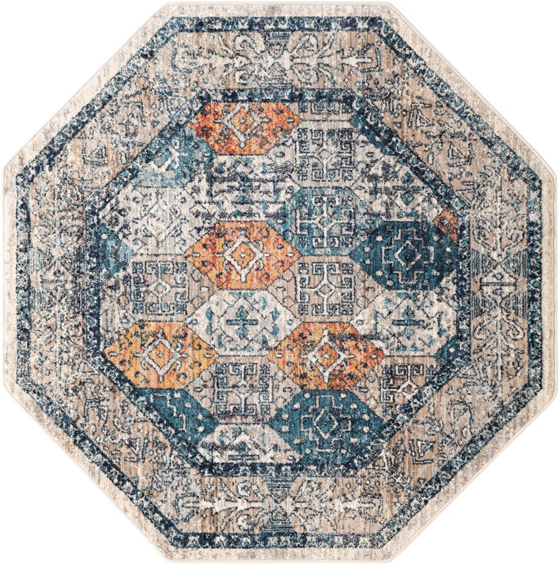 5' x 5' Keane · Diamond rug, blue and rust