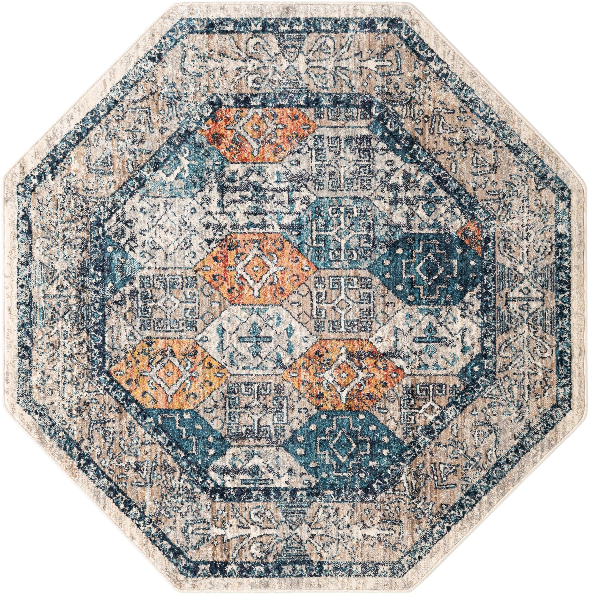 5' x 5' Keane · Diamond rug, blue and rust
