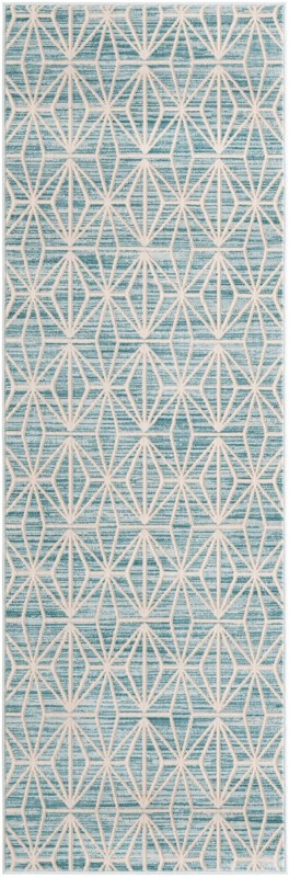 2' 7 x 8' Deerbrush · Geometric trellis rug, blue and ivory