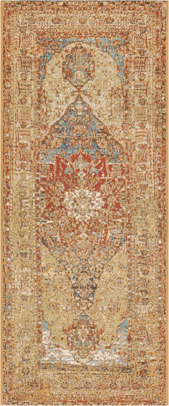 2' x 5' Lomax · Medallion Outdoor Rug, tan and light blue