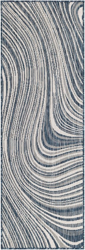 Lander · Abstract wave Outdoor Rug, blue and ivory