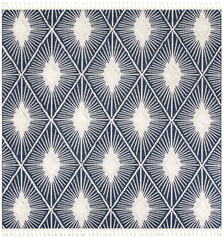 Greenport · Diamond sunburst rug, blue and ivory