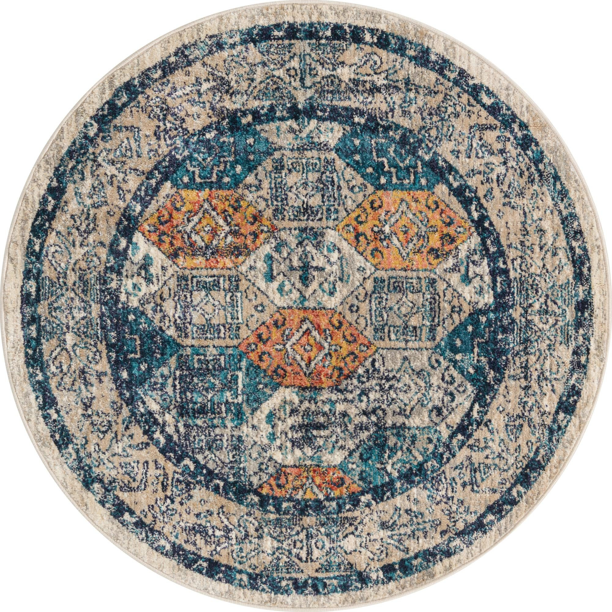 4' x 4' Keane · Diamond rug, blue and rust