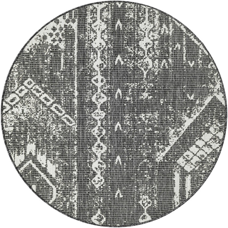 4' x 4' Wildman · Tribal geometric Outdoor Rug, charcoal and ivory