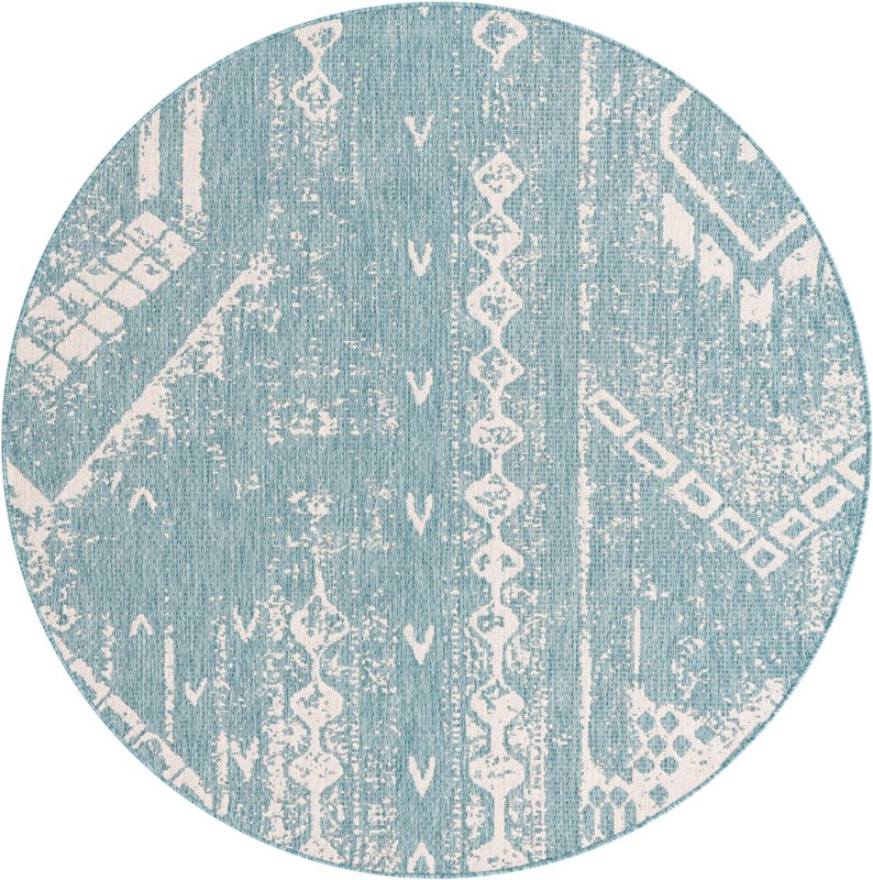 6' x 6' Wildman · Tribal geometric Outdoor Rug, aqua and ivory