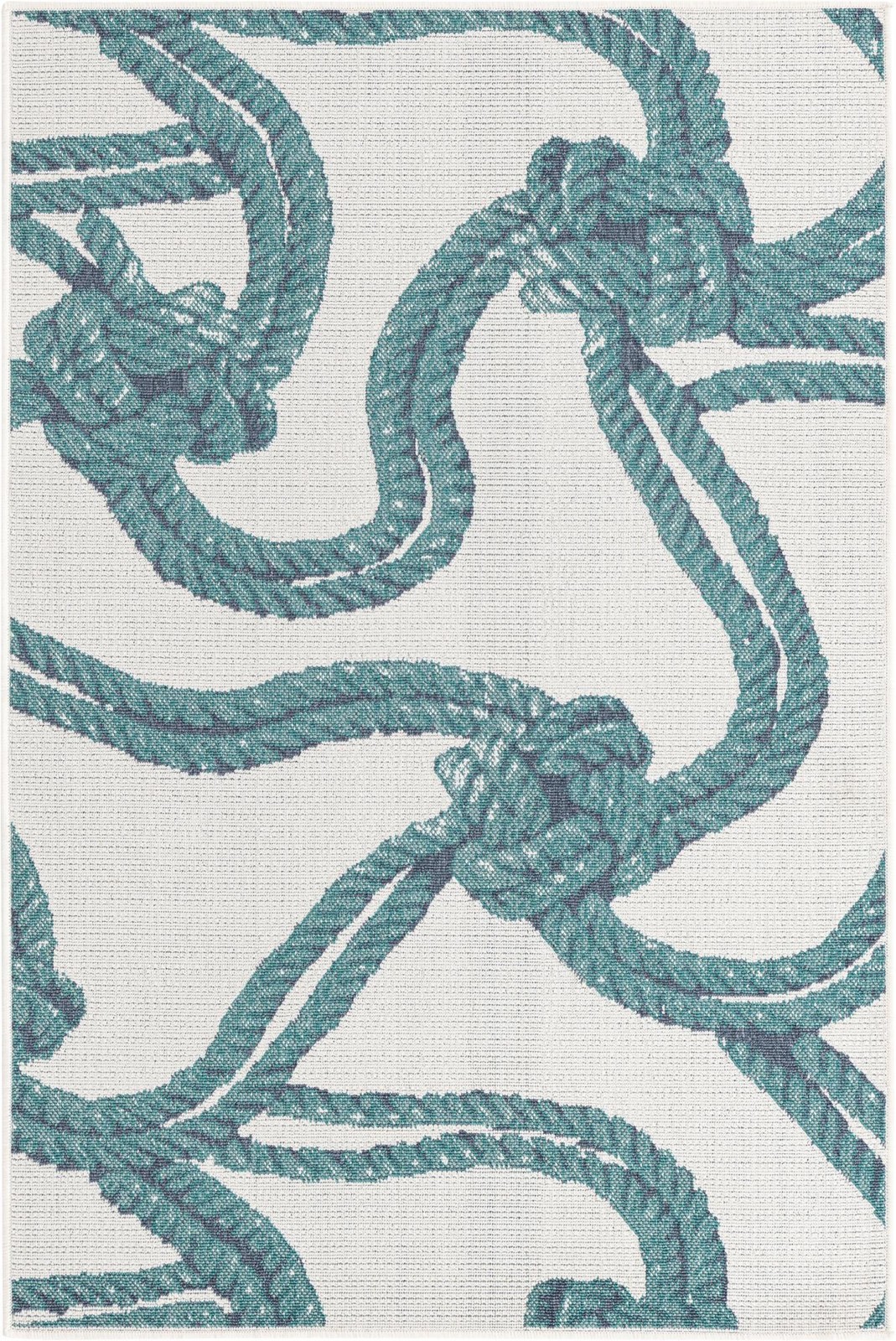 4' x 6' Calder · Nautical rope Outdoor Rug, teal and ivory