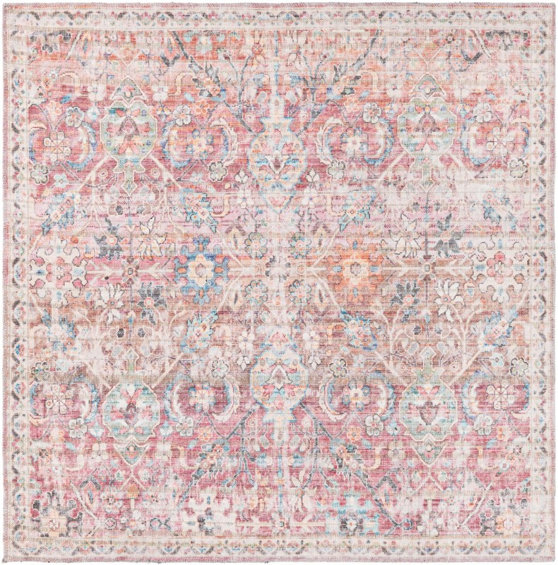 5' 3 x 5' 3 Hollow · Distressed medallion Washable Rug, pink and ivory