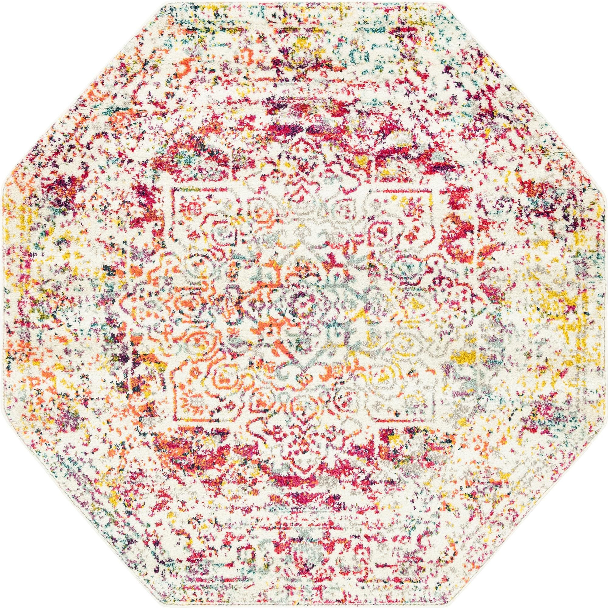 5' 3 x 5' 3 Birch · Distressed medallion rug, ivory and multi