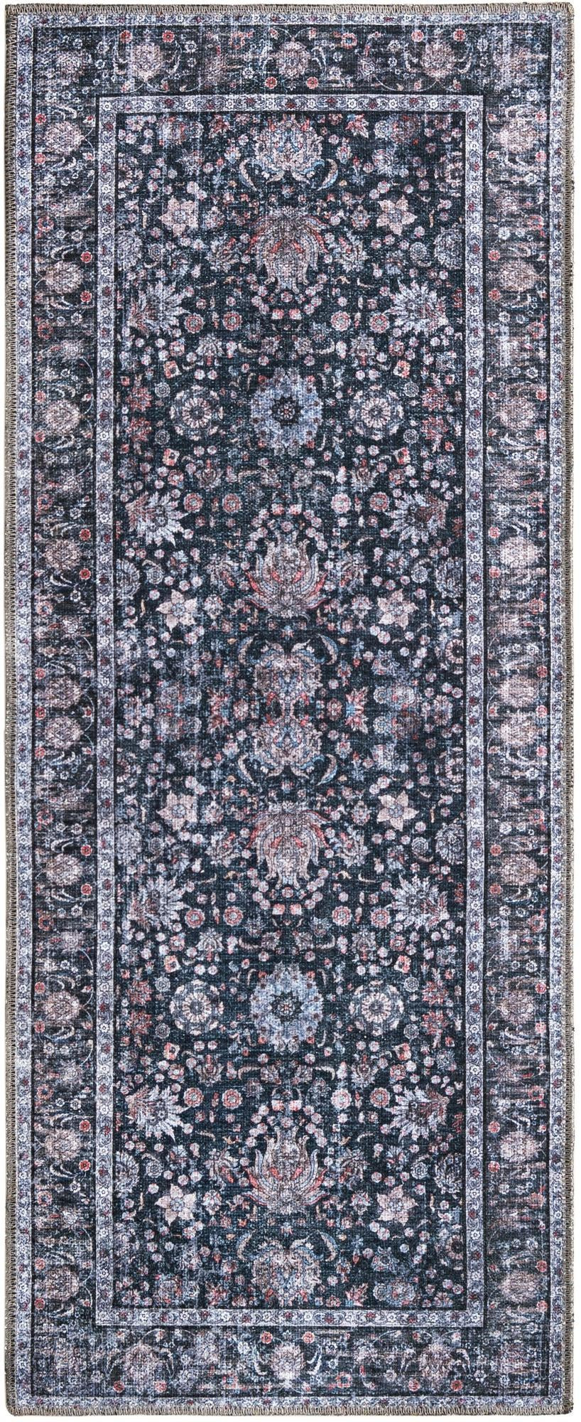 2' x 5' Bertie · Distressed floral rug, ink and ivory