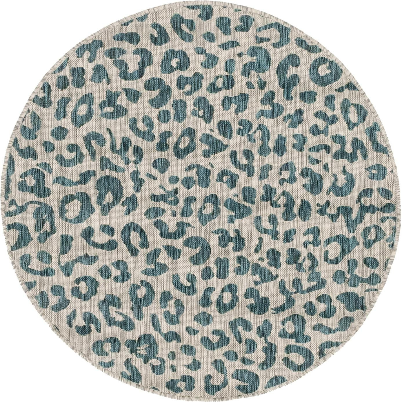 4' x 4' Cardamom · Leopard print Outdoor Rug, teal and ivory