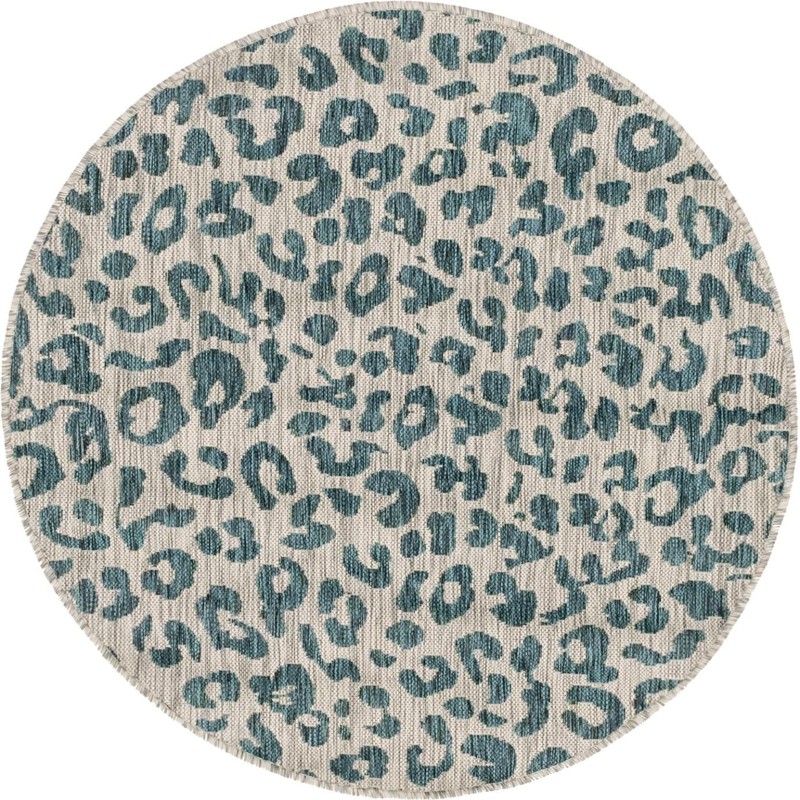 4' x 4' Cardamom · Leopard print Outdoor Rug, teal and ivory