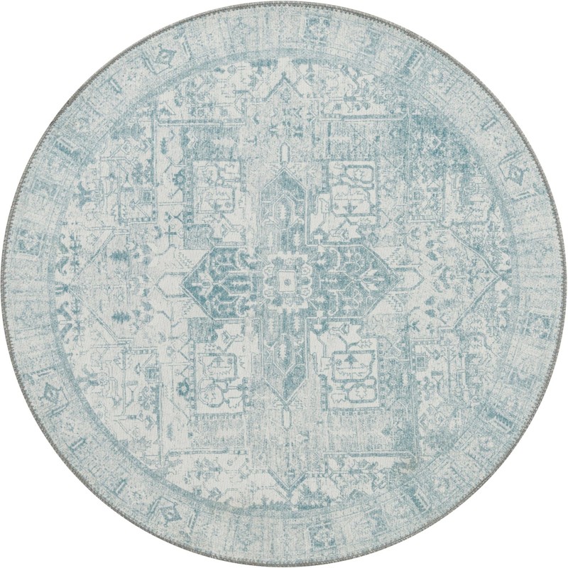 Clive · Faded medallion Washable Rug, teal and ivory