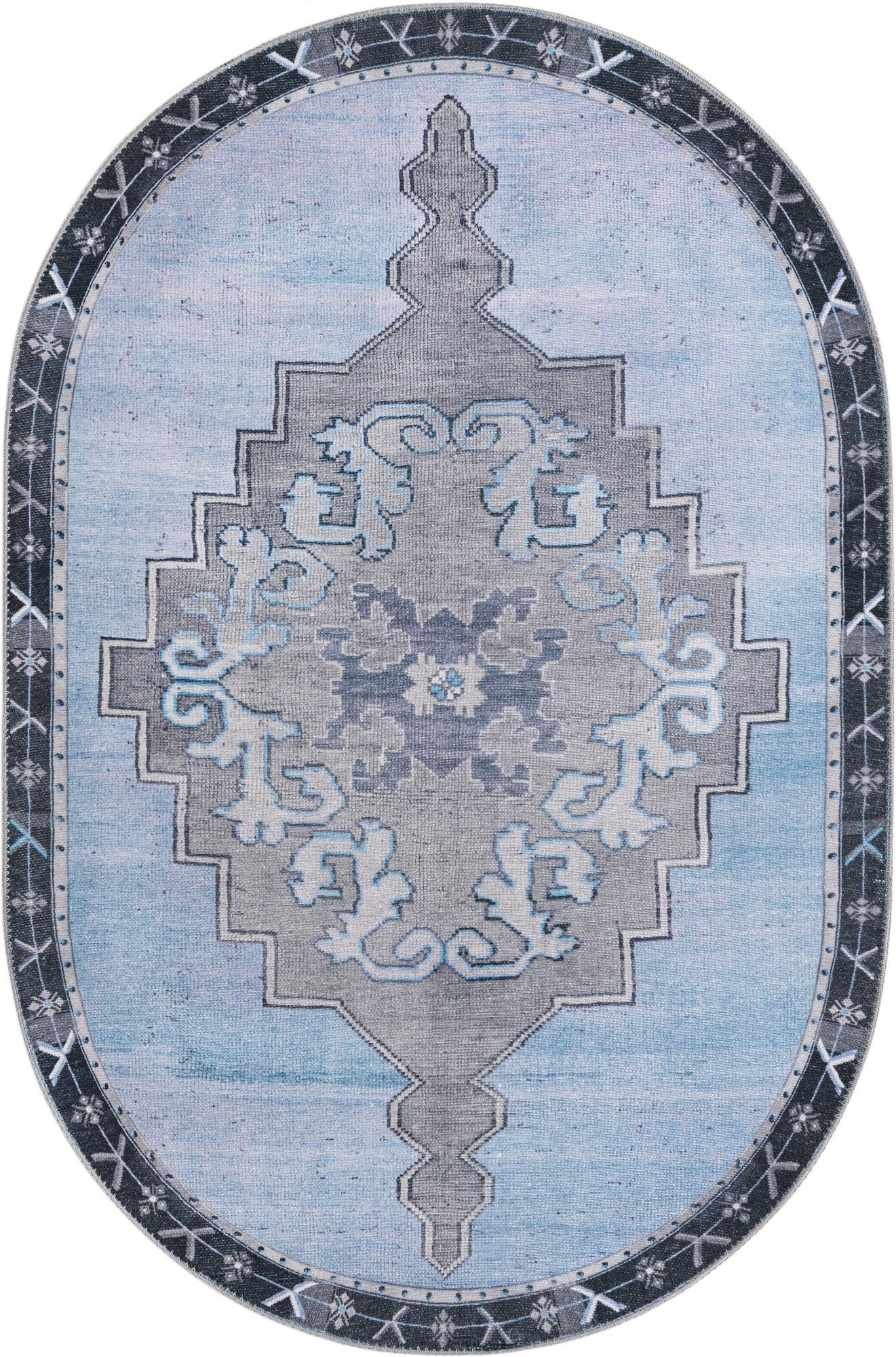 2' x 3' Sanderson · Medallion Washable Rug, blue and gray