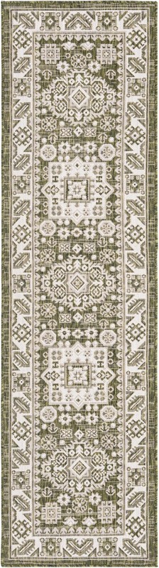 2' x 8' Bellamy · Geometric medallion Outdoor Rug, green and ivory