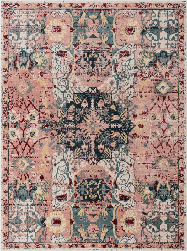 10' x 13' Westcott · Distressed medallion rug, pink and navy