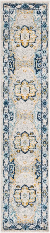 2' x 9' 10 Pierce · Medallion rug, gray, blue and yellow