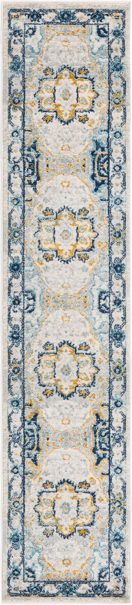 2' x 9' 10 Pierce · Medallion rug, gray, blue and yellow
