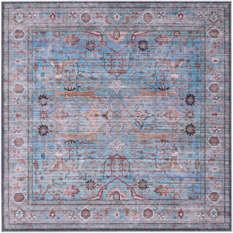 6' x 6' Mayfield · Distressed floral rug, blue and rust