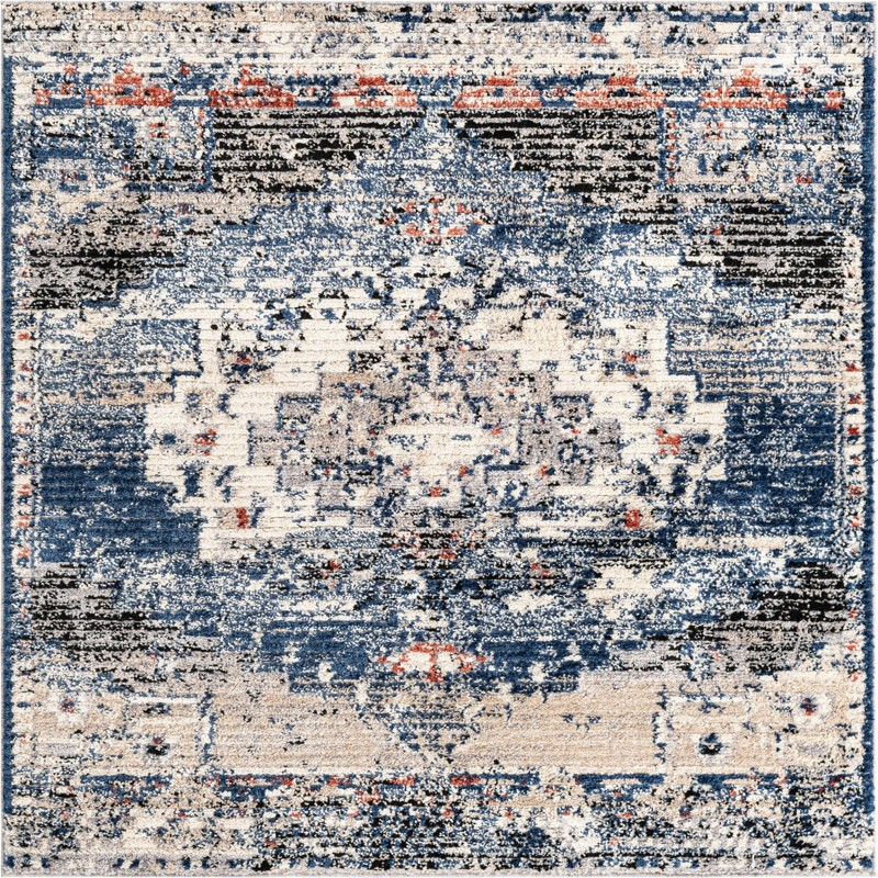 Burton · Distressed medallion rug, blue and beige