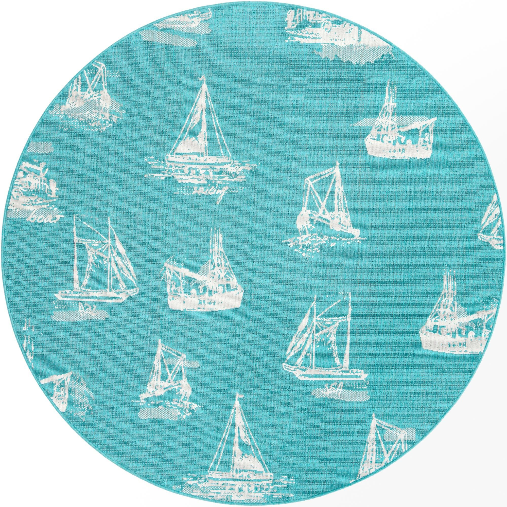 7' x 7' Desmond · Sailboat Outdoor Rug, teal and ivory