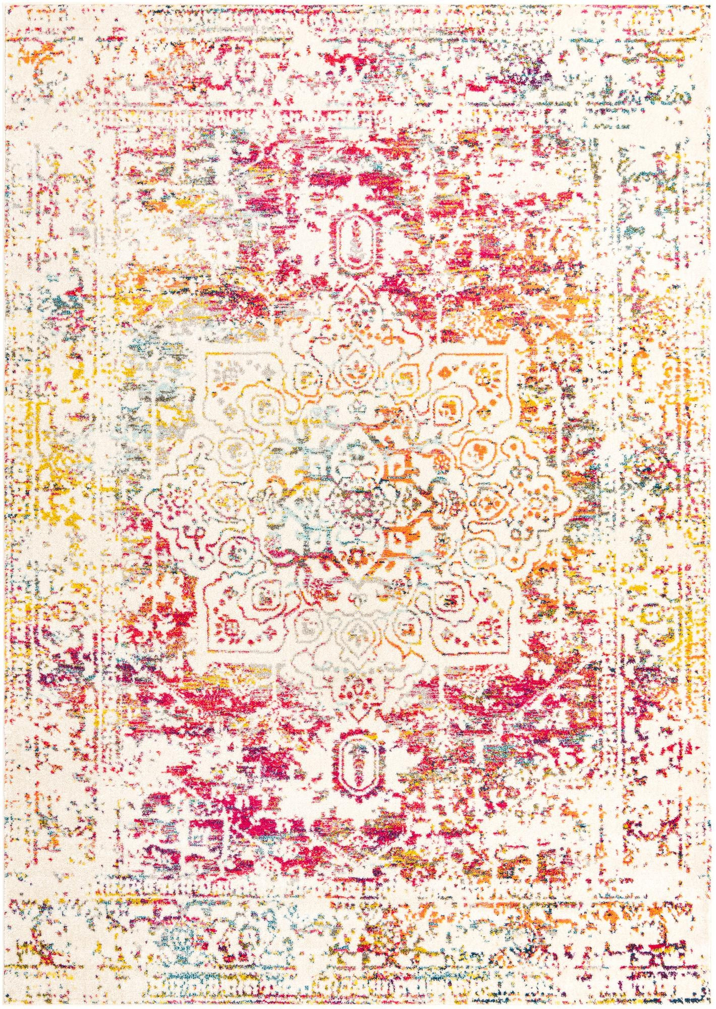 7' 10 x 11' Birch · Distressed medallion rug, ivory and multi