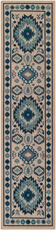 2' x 8' Whitfield · Geometric tribal Outdoor Rug, beige and blue
