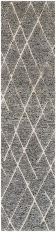 2' 7 x 12' Geary · Diamond trellis Wool Rug, gray and ivory