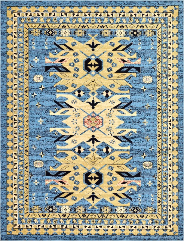 9' x 12' Isadora · Geometric medallion rug, blue and cream