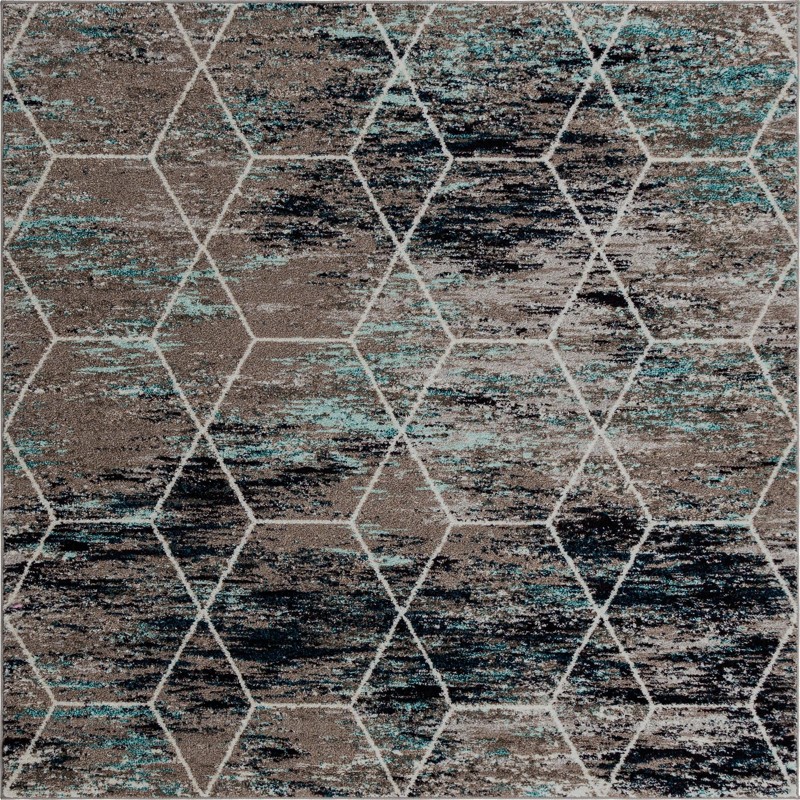 7' x 7' Galloway · Geometric trellis rug, turquoise and brown