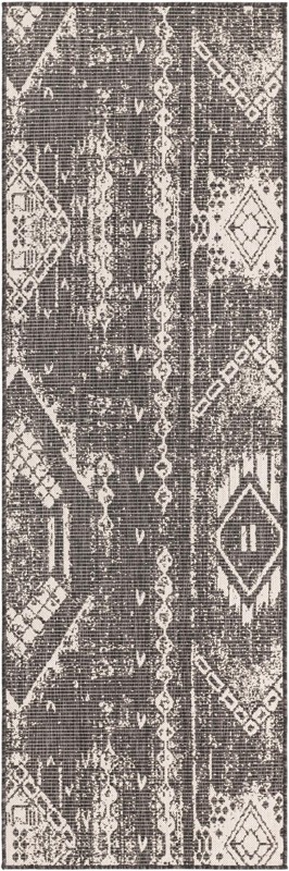 2' x 8' Wildman · Tribal geometric Outdoor Rug, charcoal and ivory