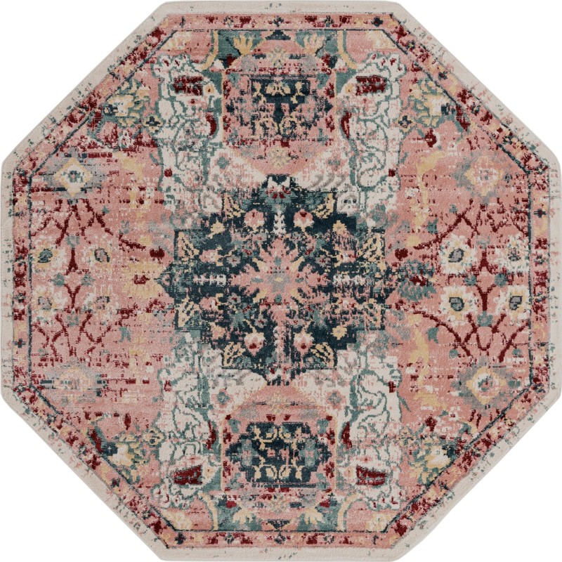 8' x 8' Westcott · Distressed medallion rug, pink and navy