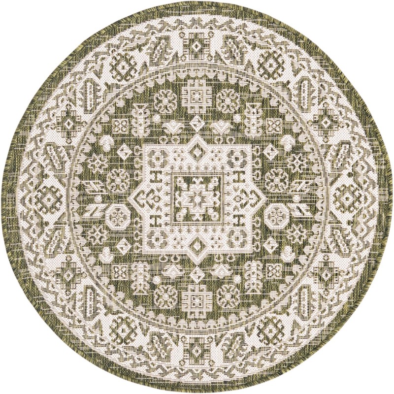 3' x 3' Bellamy · Geometric medallion Outdoor Rug, green and ivory
