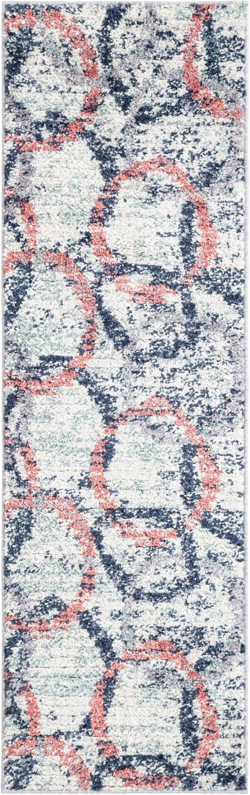 2' x 6' 1 Sallis · Abstract circles rug, ivory, blue, pink