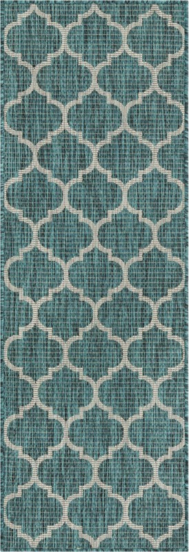 2' x 6' Fanshawe · Lattice Outdoor Rug, teal and gray