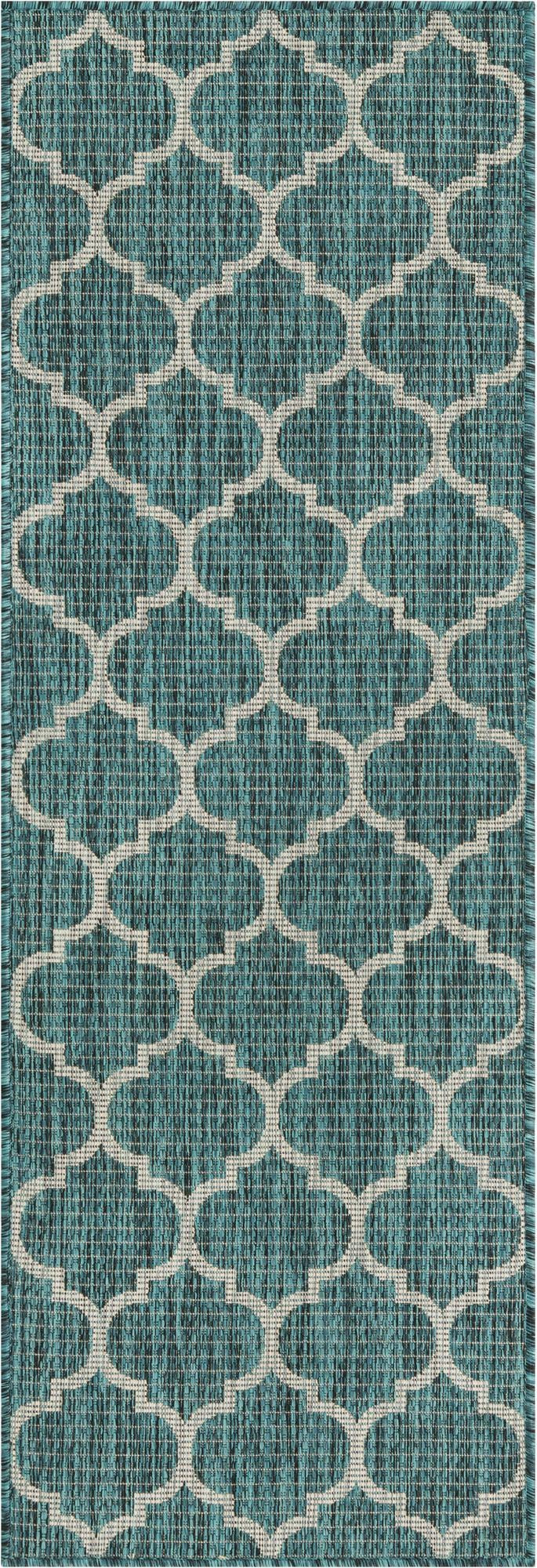 2' x 6' Fanshawe · Lattice Outdoor Rug, teal and gray
