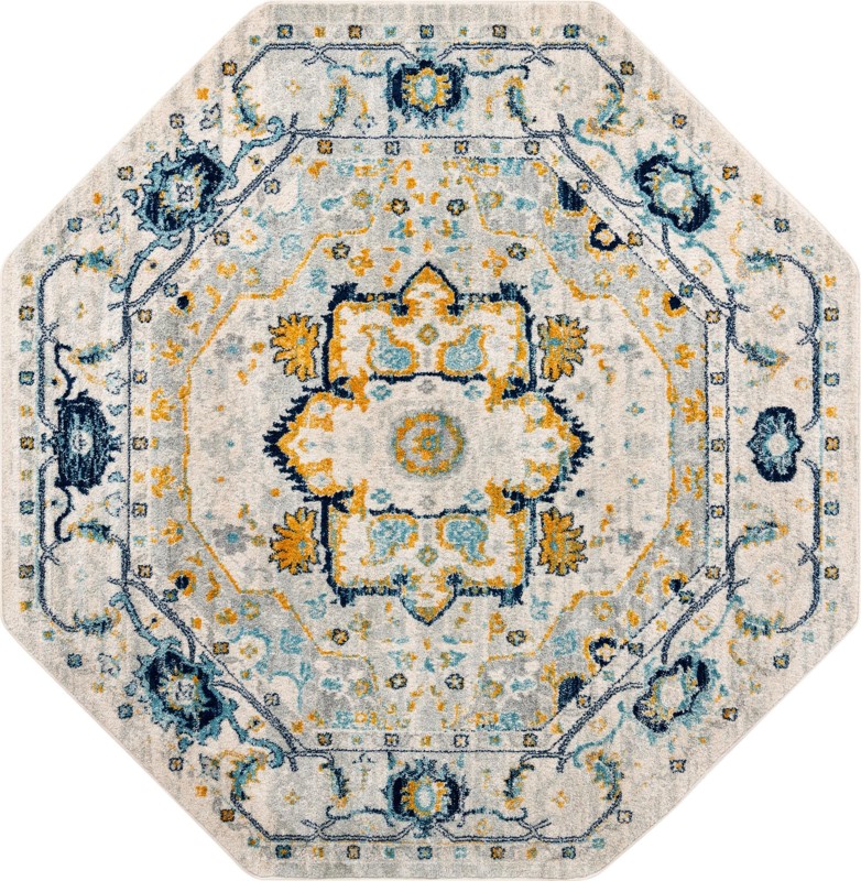 7' 10 x 7' 10 Pierce · Medallion rug, gray, blue and yellow