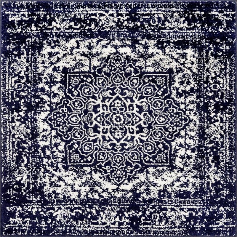 5' 3 x 5' 3 Birch · Distressed medallion rug, navy and ivory