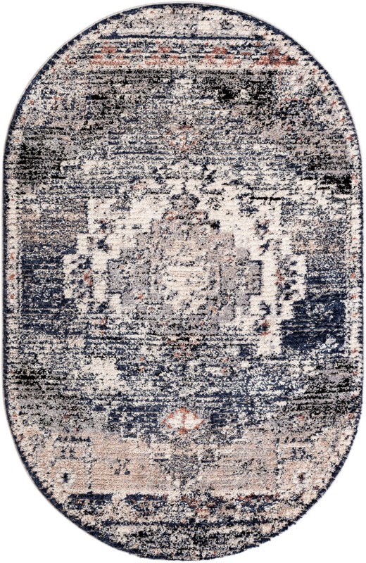 5' x 8' Burton · Distressed medallion rug, blue and beige