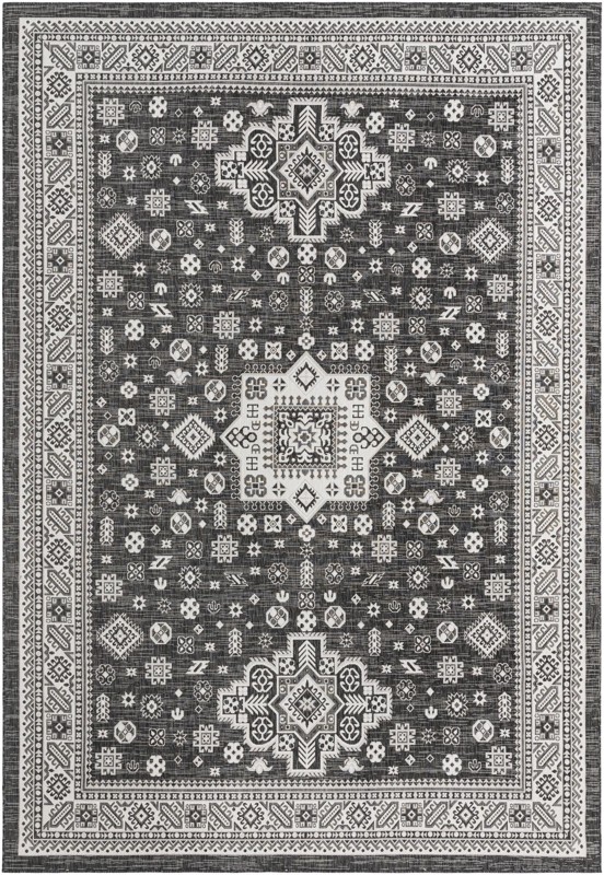 10' x 14' Bellamy · Tribal medallion Outdoor Rug, charcoal and ivory