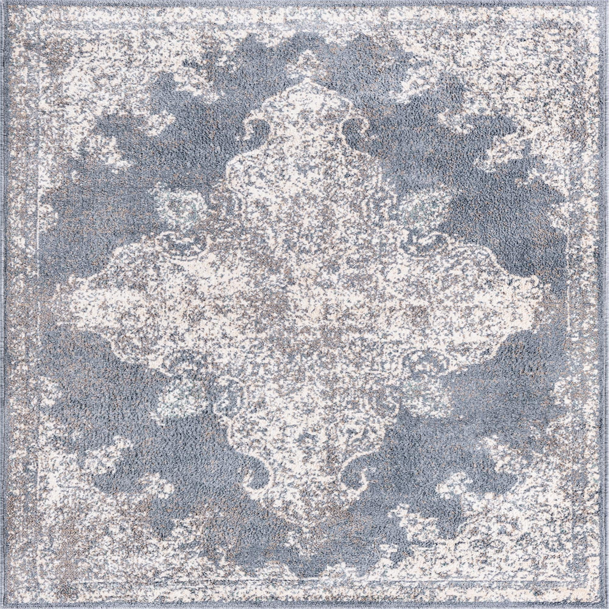 8' x 8' Maude · Distressed medallion rug, gray and ivory