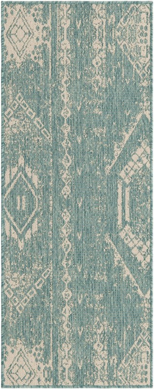 2' x 5' 3 Wildman · Tribal geometric Outdoor Rug, aqua and ivory