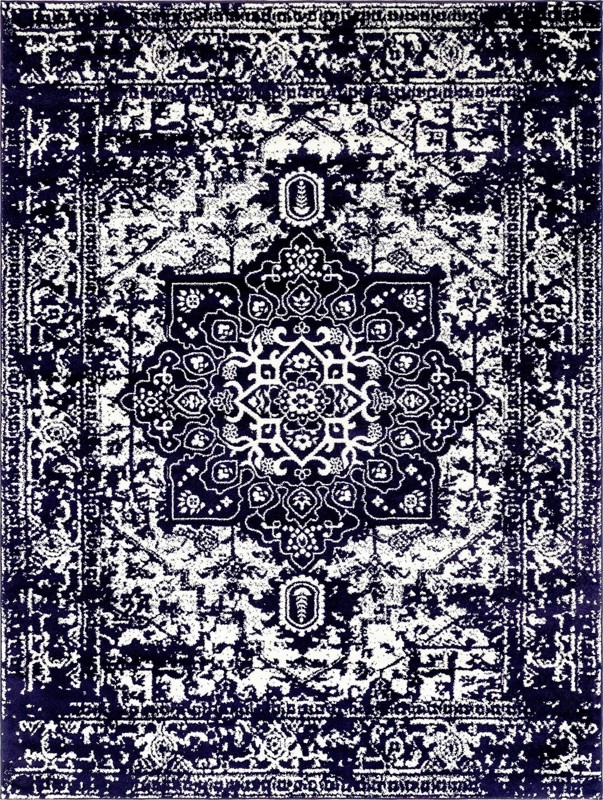 9' x 12' Birch · Distressed medallion rug, navy and ivory