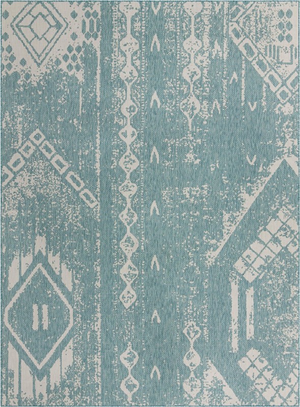 10' x 13' Wildman · Tribal geometric Outdoor Rug, aqua and ivory